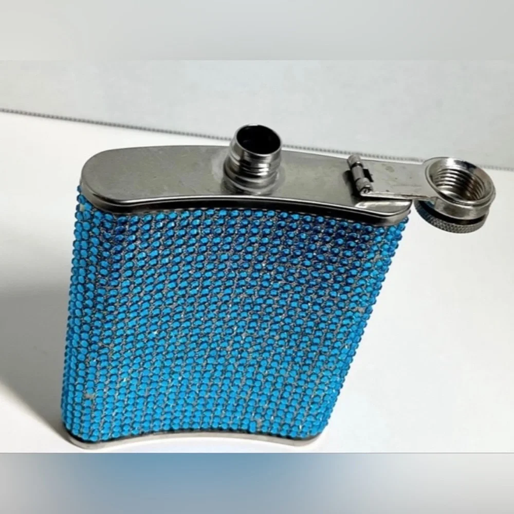VINTAGE STAINLESS STEEL PERSONAL RHINESTONES FLASK (6 OZ) - BLUE BLING BLING